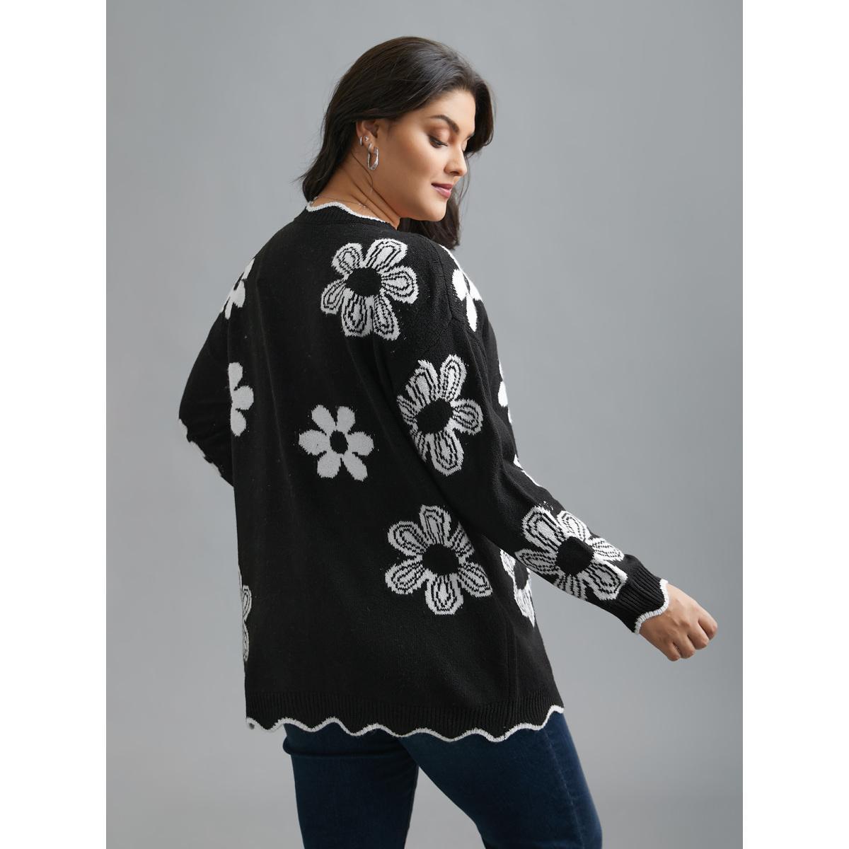 Plus Size Floral Pattern Open-Front Knitted Cardigan Black Women Casual Loose Long Sleeve Everyday Cardigans BloomChic 22-24/3X Product Image