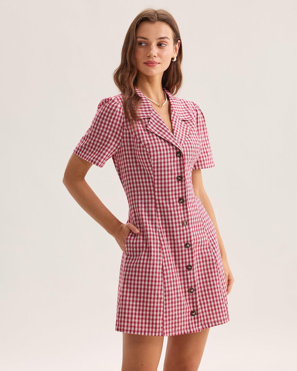 Red Plaid Pocket Button Mini Dress Product Image