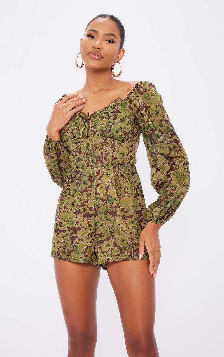  Green Floral Printed Tie Back Cut Out Romper Product Image