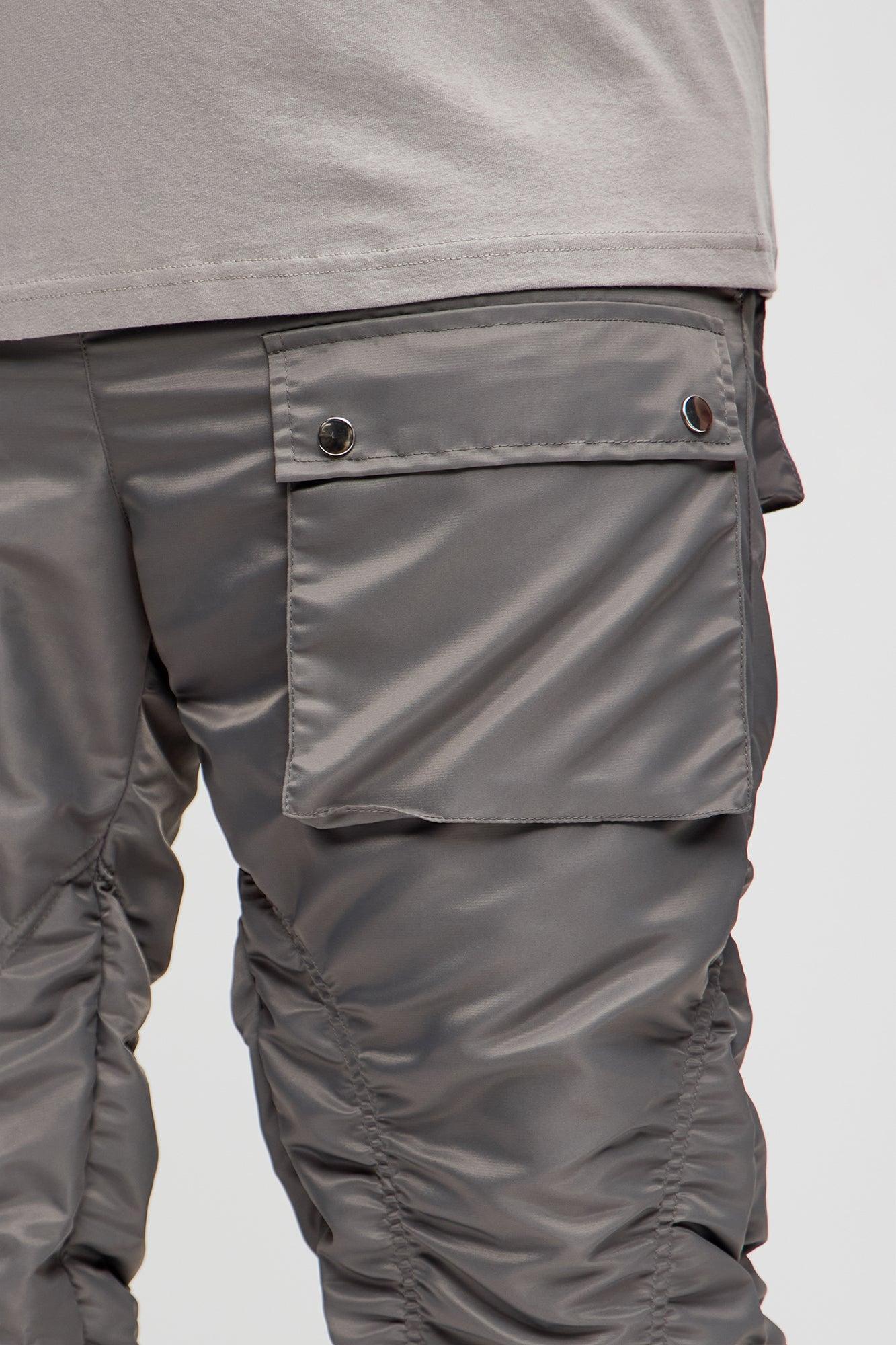 Scrunched Flared Nylon Cargo Pants - Charcoal Product Image