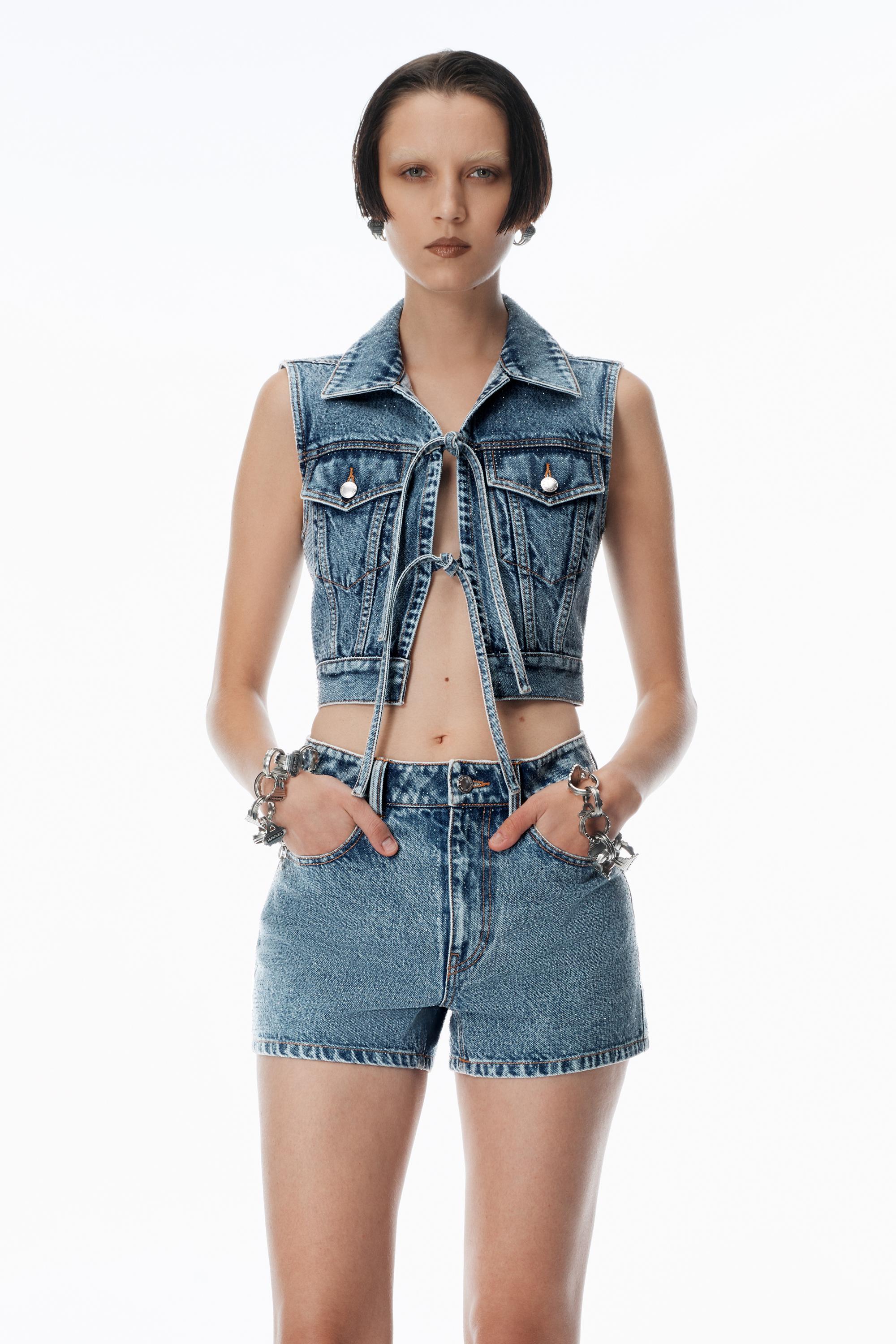 Clear Bead Hotfix Denim Vest With Tie Front Product Image