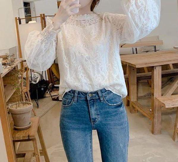 Balloon Mesh Sleeve Stand Collar Plain Lace Blouse Product Image