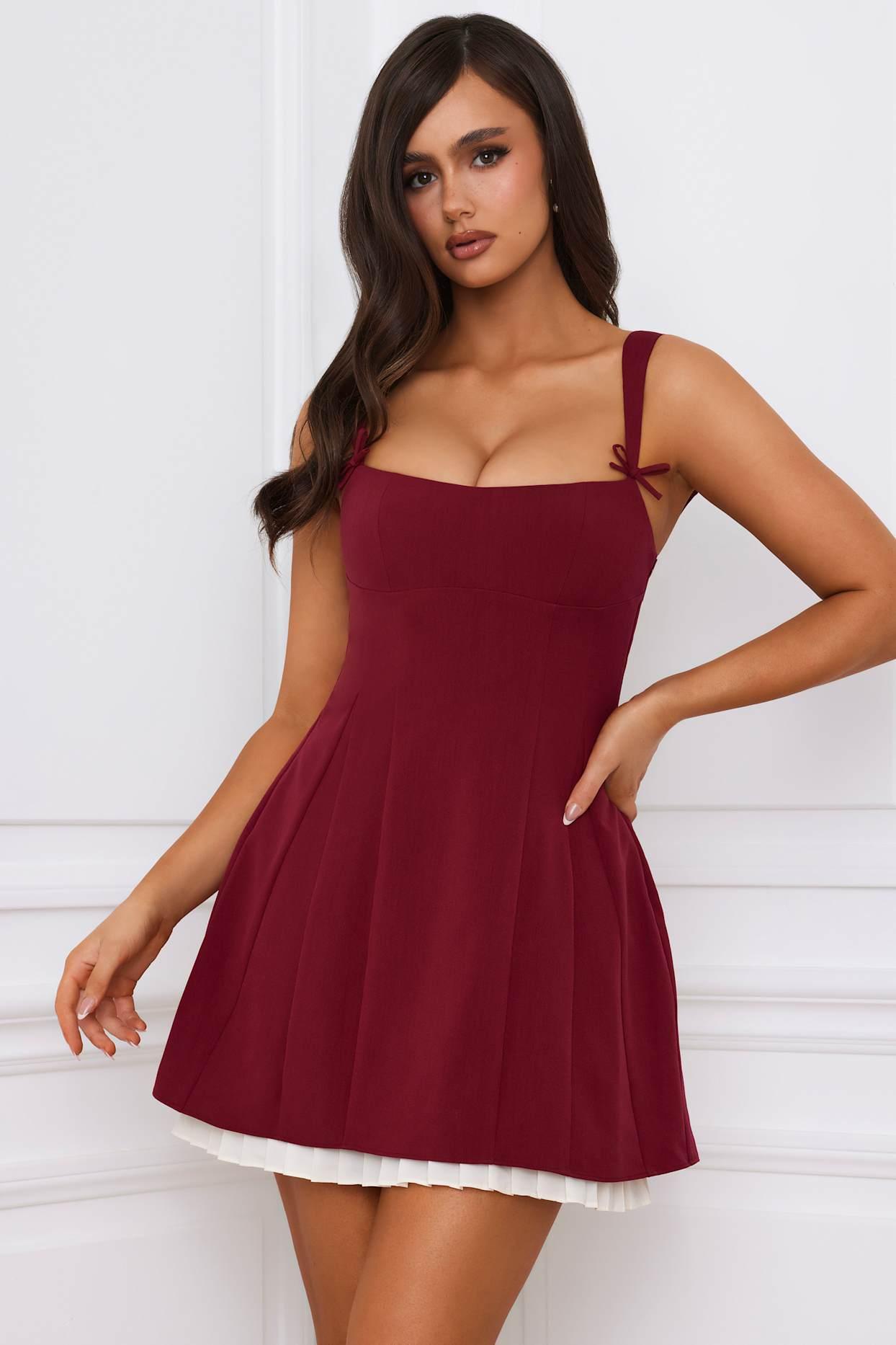 Bow-Detail Pleated A-Line Mini Dress in Berry Red Product Image
