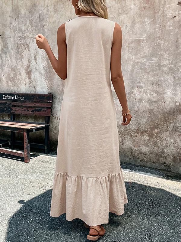 A-Line Loose Pleated Ruffle Trim Solid Color V-Neck Maxi Dresses Product Image