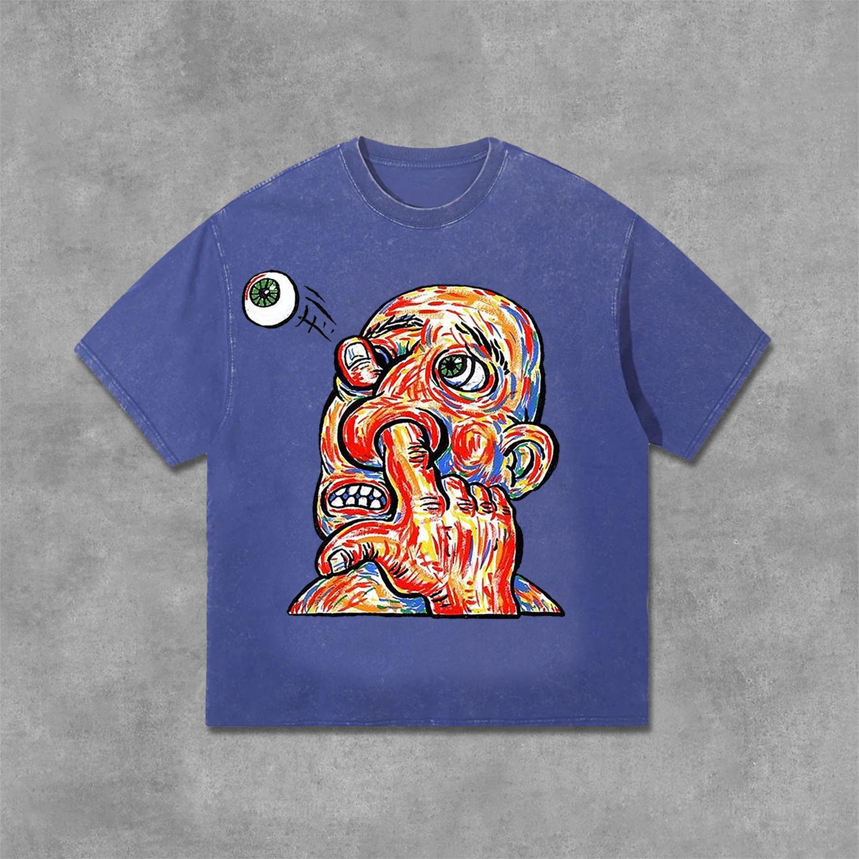 Retro Cartoon Portrait Graphic Print Acid Washed T-Shirt Product Image