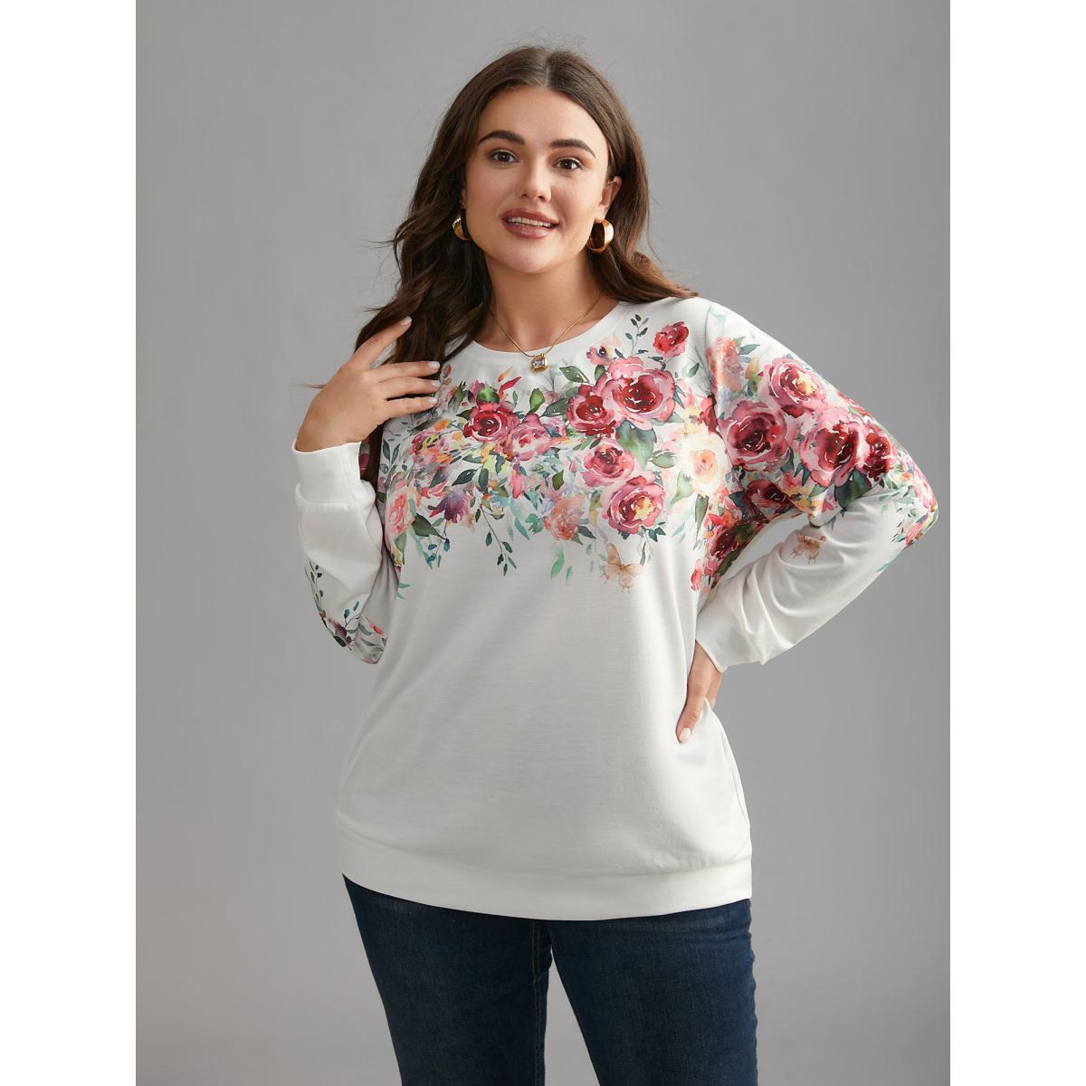 Plus Size Watercolor Floral Print Round Neck Sweatshirt Women WhiteSmoke Elegant Contrast Loose Round Neck Everyday Sweatshirts BloomChic 12/L Product Image