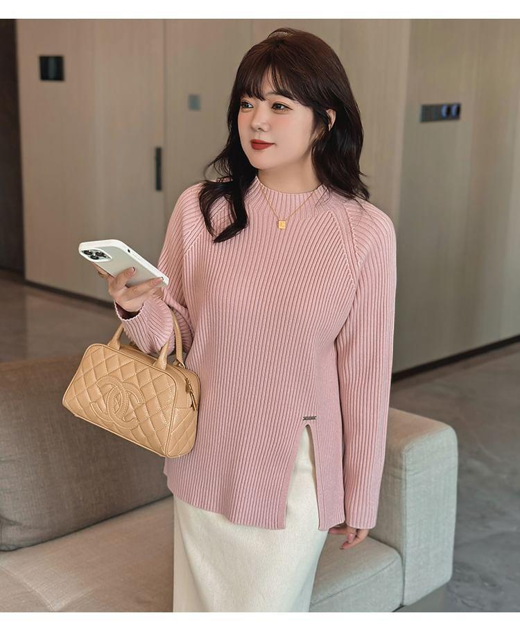 Mock Neck Plain Slit Ribbed Sweater Product Image