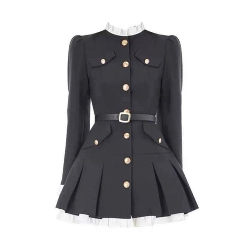 Long-Sleeve Frill Trim Pleated Button Mini A-Line Dress Product Image