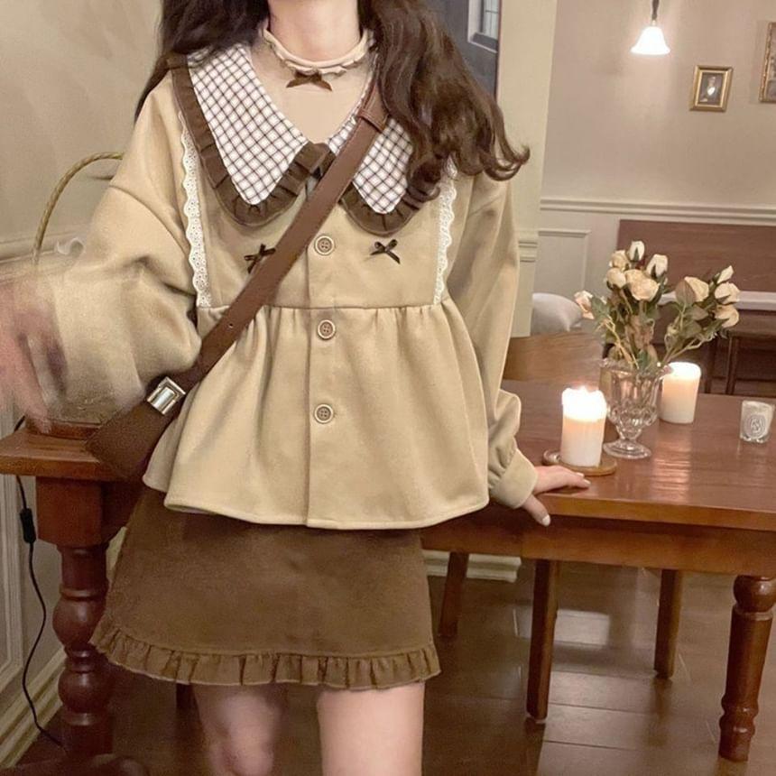 Peter Pan Collar Plaid Panel Lace Trim Button-Up Jacket / High Waist Plain Frill Trim Mini A-Line Skirt / Set Product Image