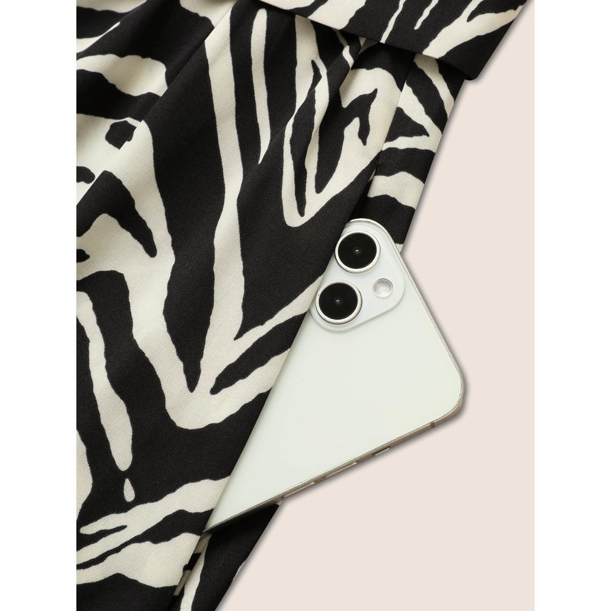 Plus Size Zebra Print Shirt Collar Belted Dress Black Women At the Office Belted Shirt collar Half Sleeve Curvy BloomChic 30/6X Product Image