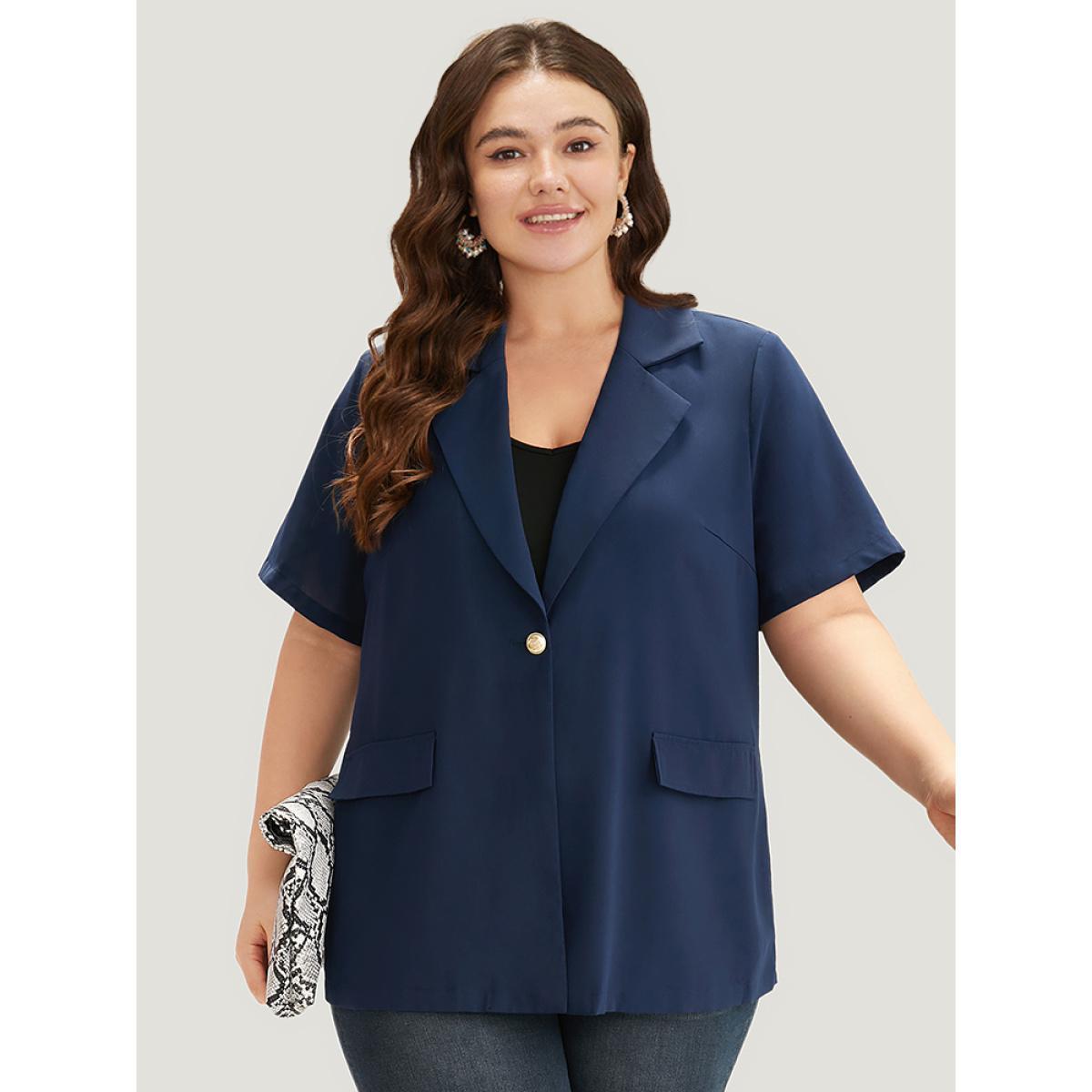 Plus Size Plain Button Through Flap Pocket Suit Collar Blazer Indigo Women Dailywear Plain Drape Sleeve Short sleeve Lapel Collar 14-16/1X Pocket Casual Blazers BloomChic Product Image