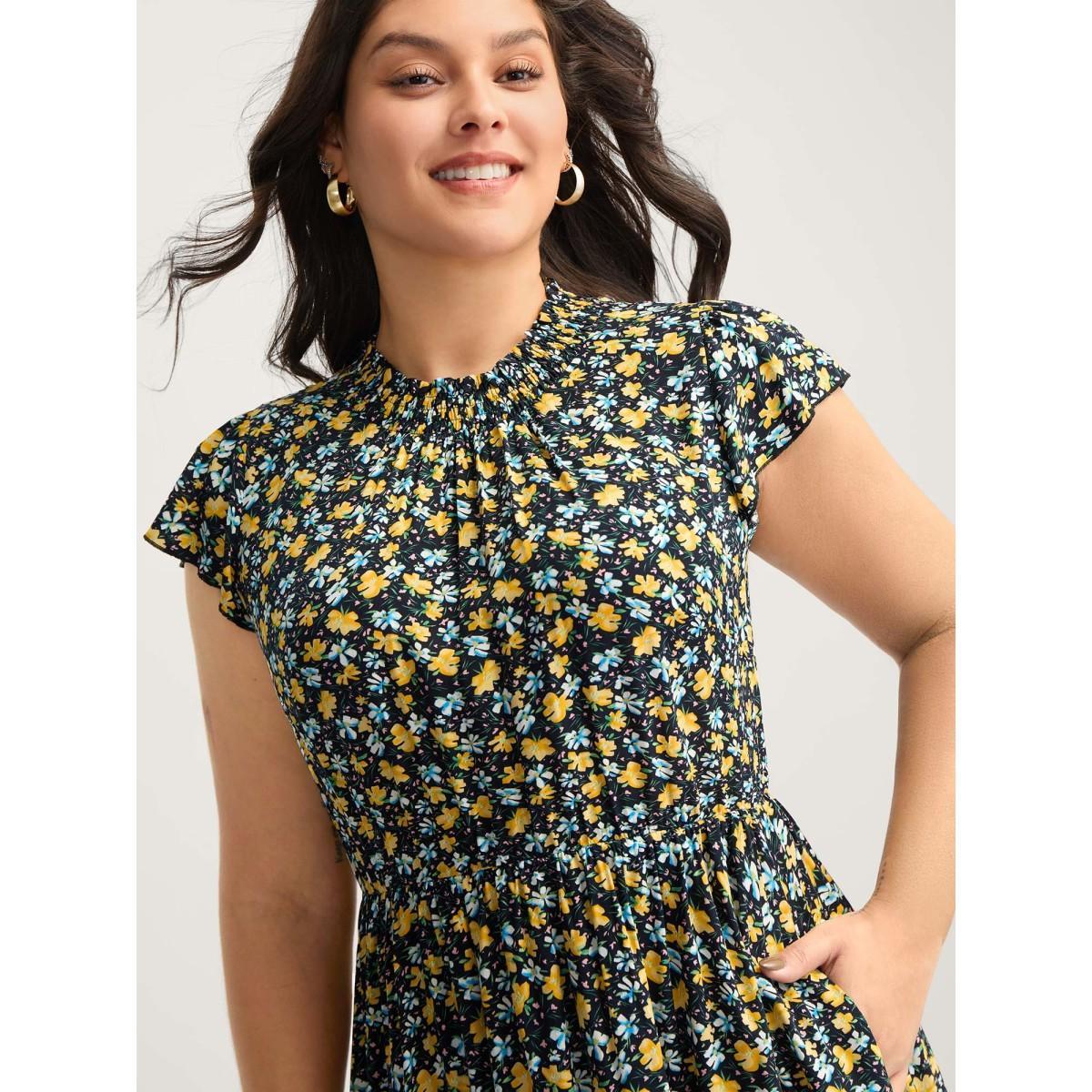Plus Size Floral Shirred Mock Neck Pockets Midi Dress Black Women Mock Neck Cap Sleeve Curvy BloomChic 30/6X Product Image