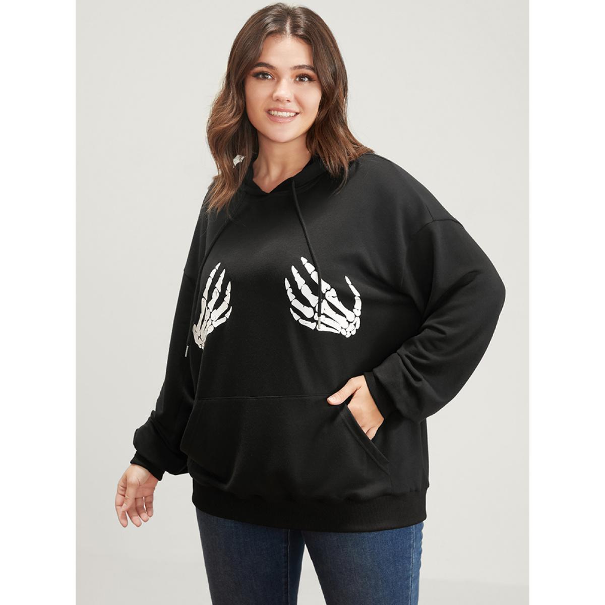 Plus Size Halloween Skeleton Hand Print Pocket Drawstring Hooded Sweatshirt Women Black Casual Pocket Loose Hooded Dailywear Sweatshirts BloomChic 28/5X Product Image