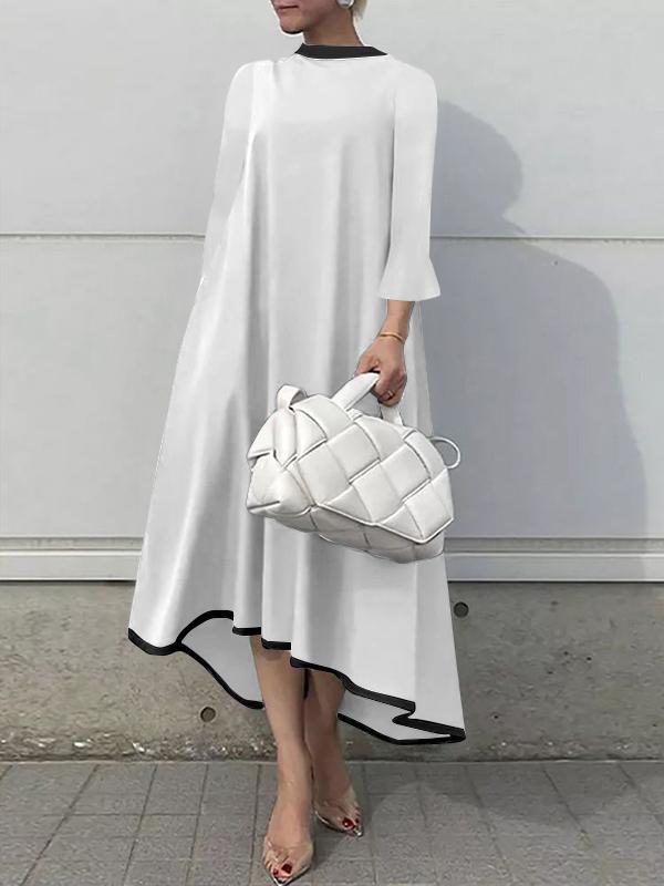 A-line Flared Sleeves Asymmetric Contrast Color Mock Neck Maxi Dresses Product Image