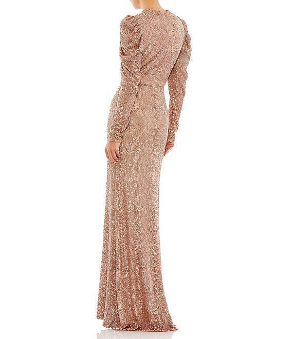 Mac Duggal Sequin Crew Neck Long Puff Drape Sleeve Sheath Gown Product Image