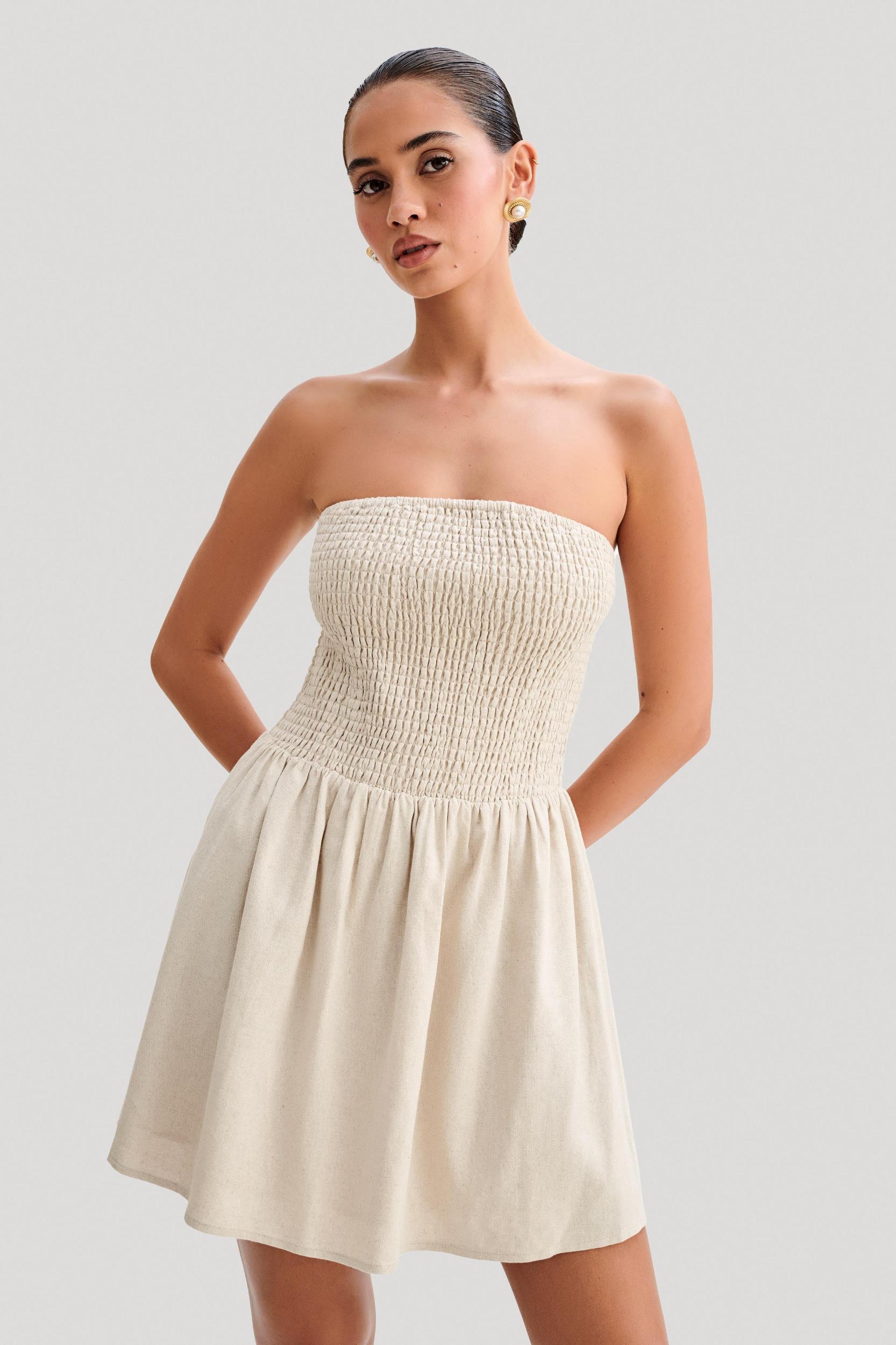 Holland Linen Shirring Mini Dress - Natural Product Image