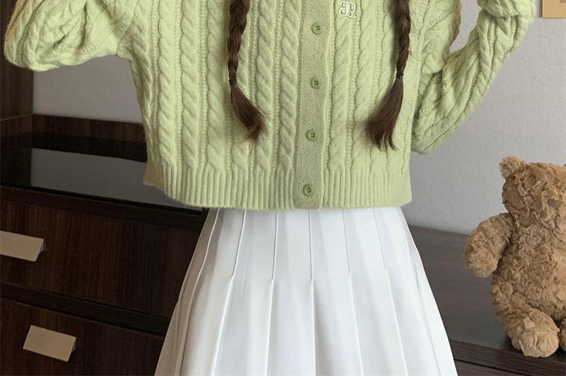 Crew Neck Plain Cable Knit Button-Up Crop Cardigan Product Image