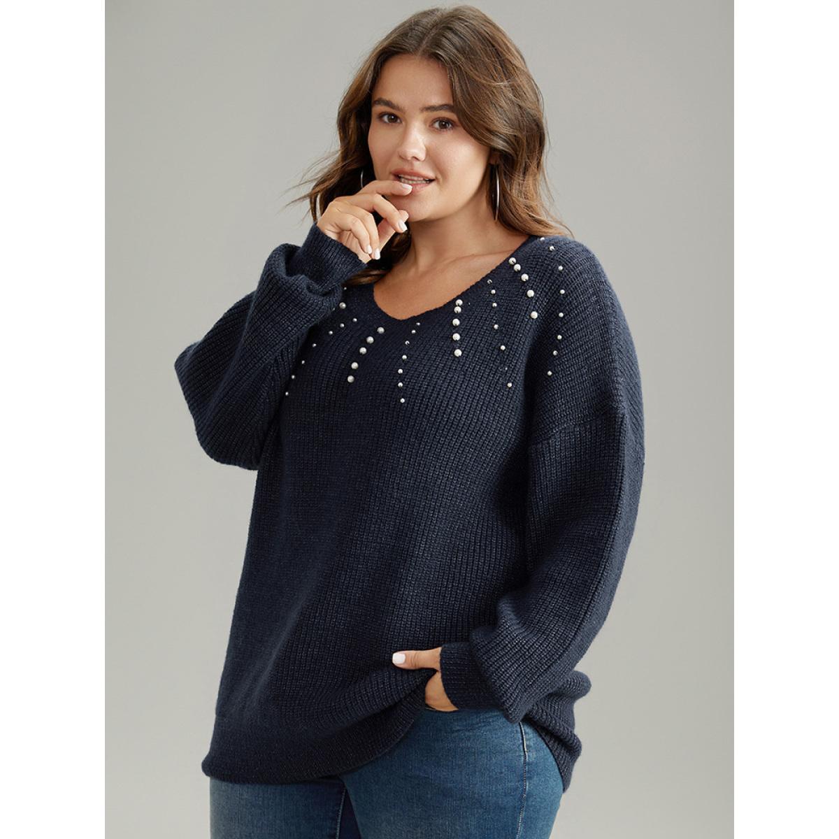 Plus Size Beaded Round Neck Elastic Cuffs Pullover Midnight Women Casual Loose Long Sleeve Round Neck Dailywear Pullovers BloomChic 12/L Product Image