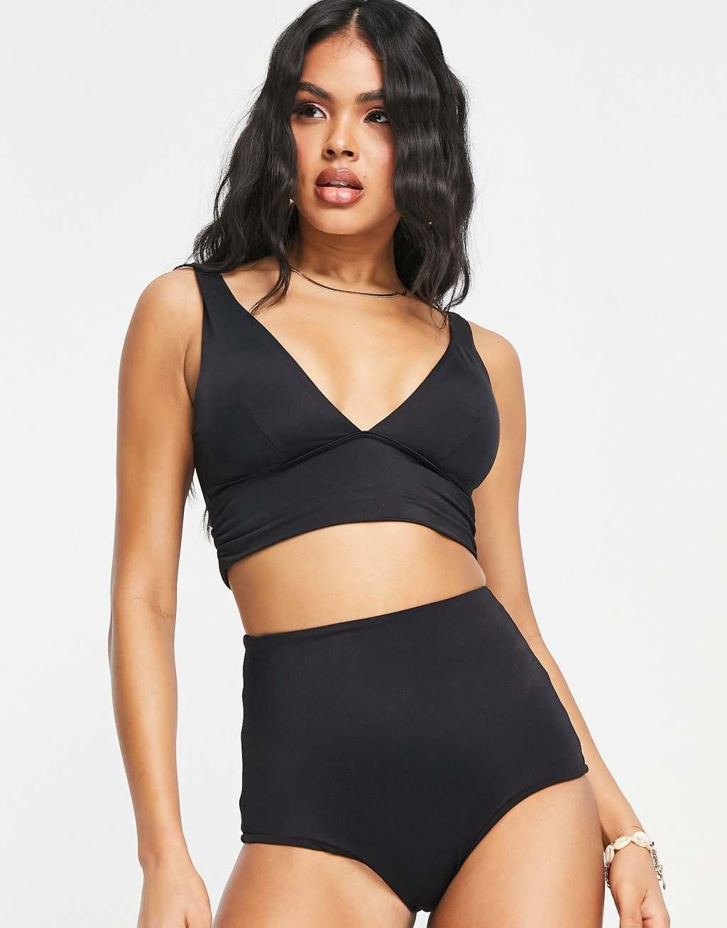 ASOS DESIGN Maya mix and match deep band side ruched crop bikini top in black Product Image