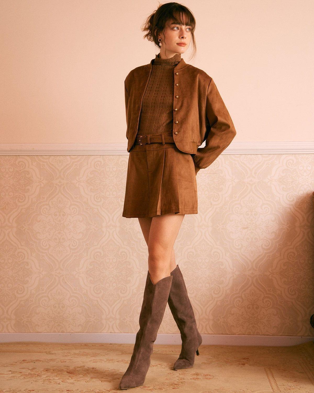 The Brown High Waisted Suede Mini Skirt Product Image