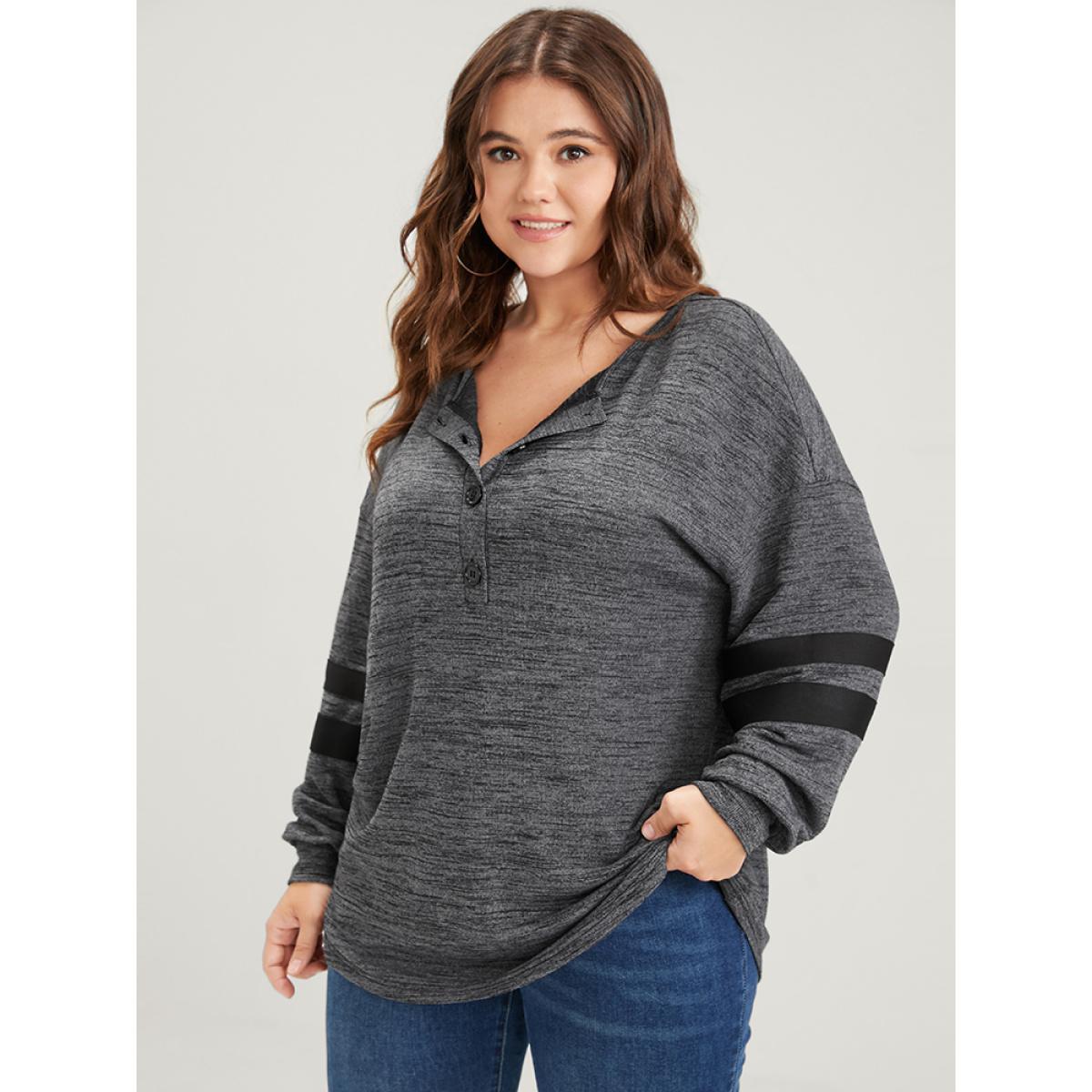 Plus Size Plain Contrast Button Up Round Neck Sweatshirt Women DimGray Casual Contrast Round Neck Dailywear Sweatshirts BloomChic 22-24/3X Product Image