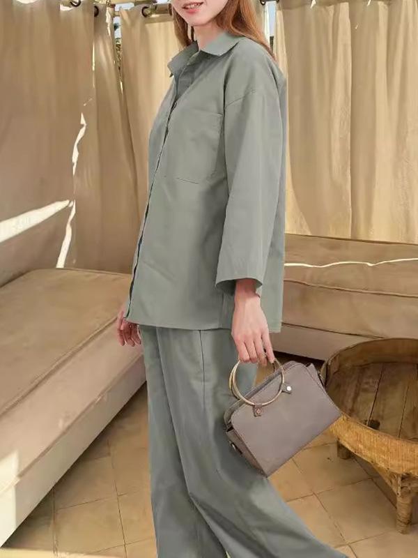 Loose Solid Color Split-Joint Long Sleeves Lapel Blouse + Pants Two Pieces Set Product Image