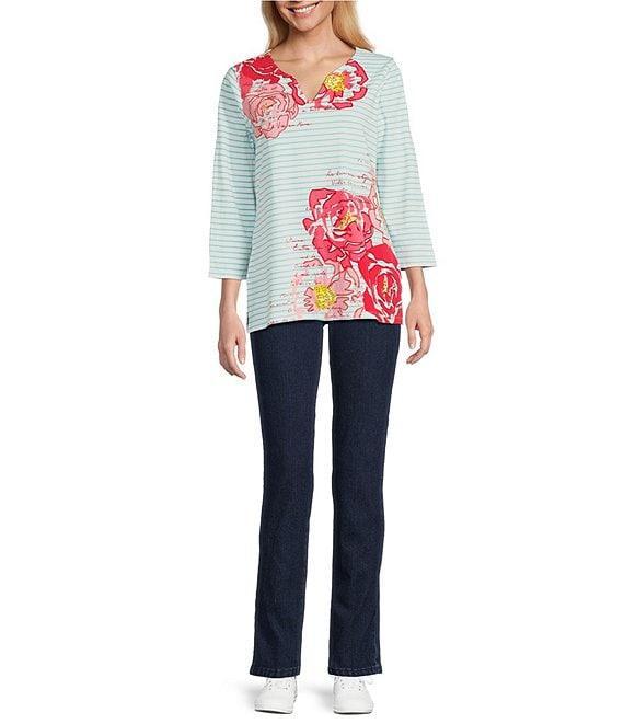 Ruby Rd. Knit Floral Embroidered Split Neck 3/4 Sleeve Top Product Image