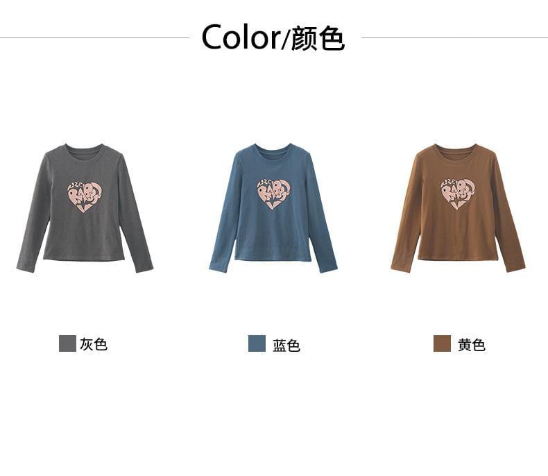 Long-Sleeve Crewneck Heart Print T-Shirt Product Image