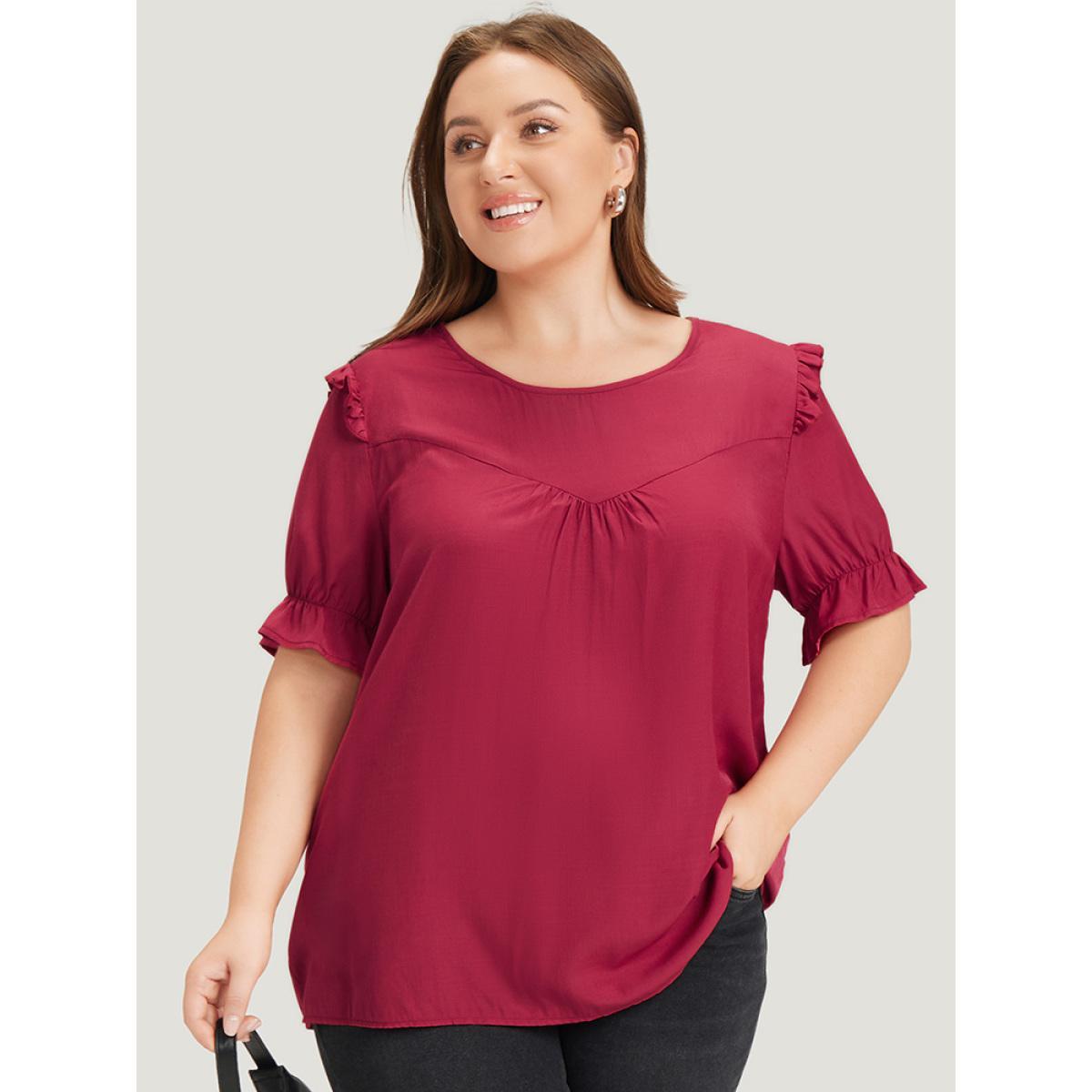 Plus Size RedViolet Plain Gathered Ruffle Trim Puff Sleeve Blouse Women Office Short sleeve Round Neck Work Blouses BloomChic 18-20/2X Product Image