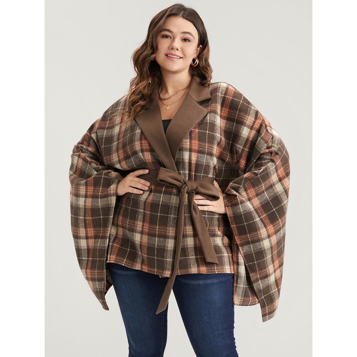 Plus Size Plaid Contrast Suit Collar Dolman Sleeve Belted Coat Women DarkBrown Elegant Belted Loose Ladies Dailywear Winter Coats BloomChic 12/L Product Image