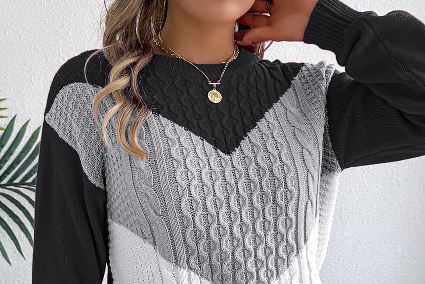 Crew Neck Color Block Cable Knit Sweater Product Image