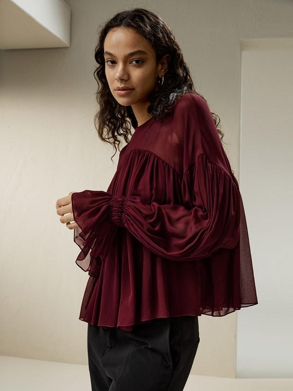 Sheer-shoulder Ruffle Shirt Product Image