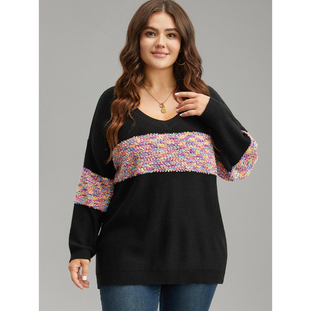 Plus Size Colour Heather Contrast V Neck Pullover Black Women Casual Loose Long Sleeve V-neck Dailywear Pullovers BloomChic 14-16/1X Product Image