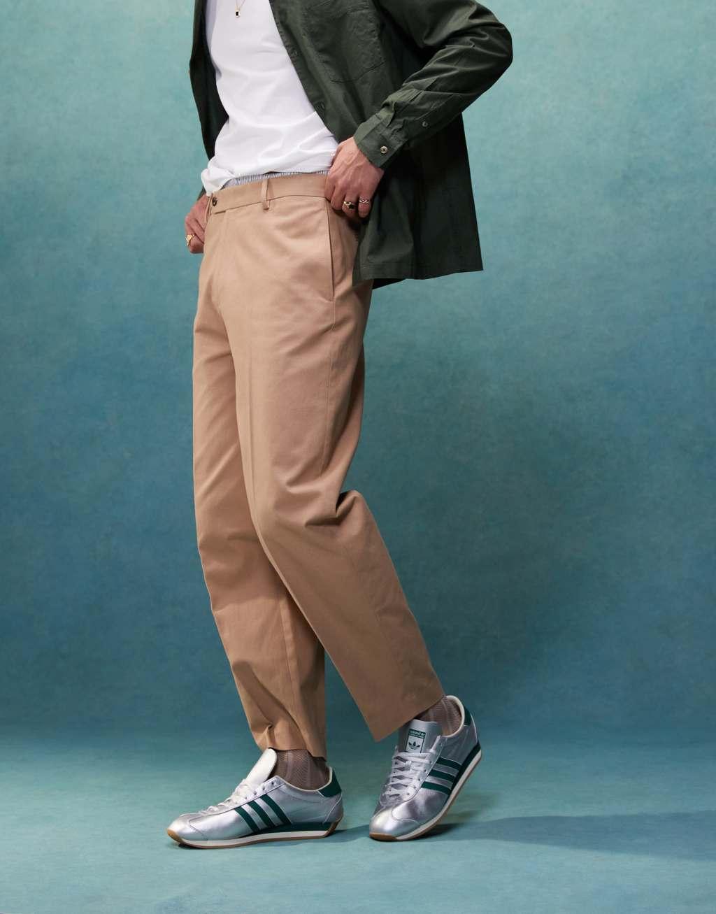 ASOS DESIGN smart oversized tapered cotton chino pants with front pleat in tan Product Image