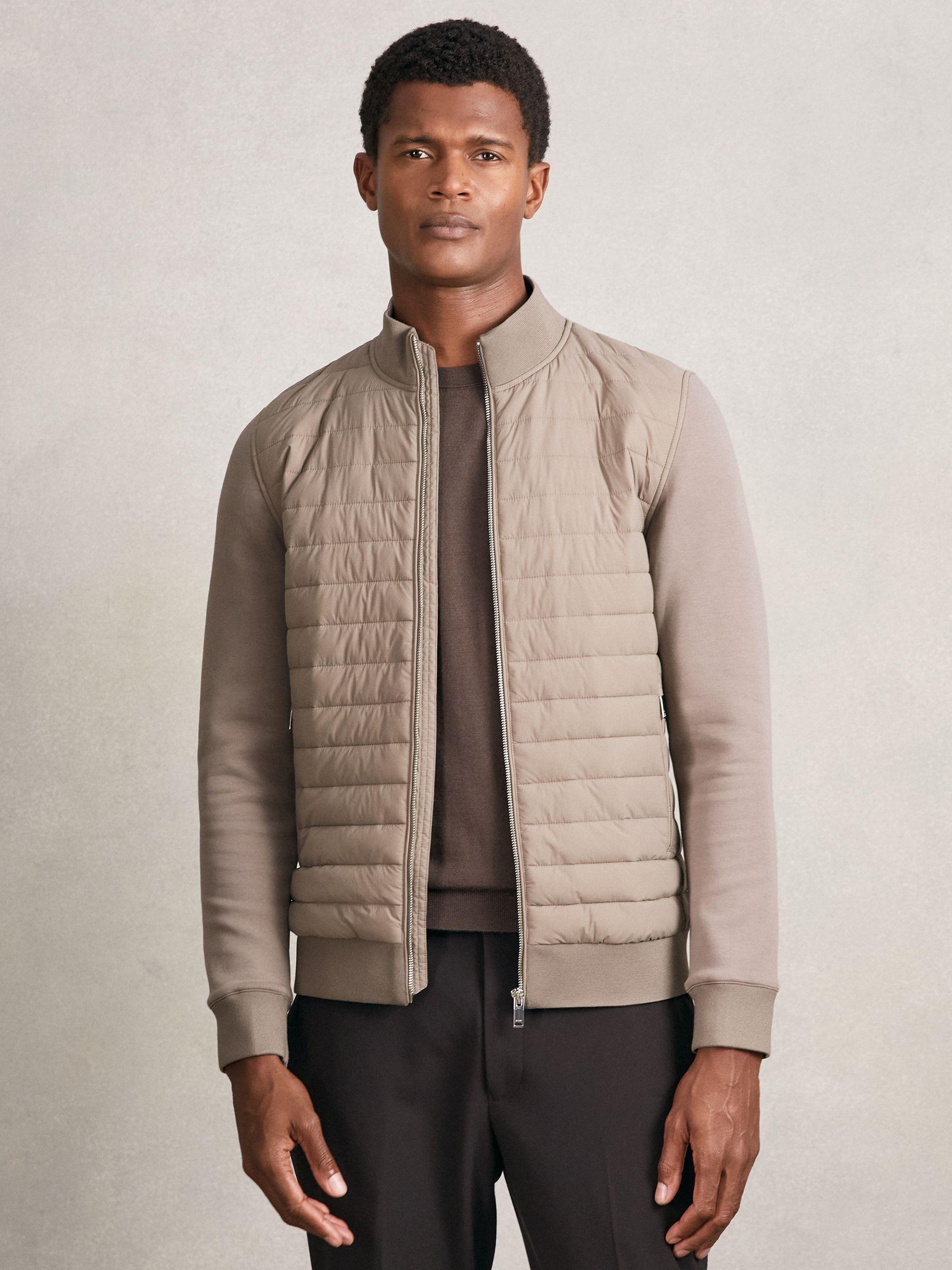 Hybrid Quilt and Knit Zip-Through Jacket in Taupe Brown Product Image