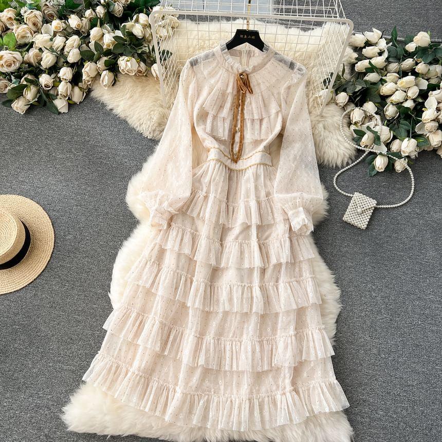 Long-Sleeve Bow Tiered Mesh Midi A-Line Dress Product Image