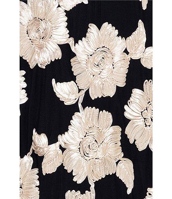 Betsy & Adam Plus Size Soutache Floral Print Long Sleeve Ribbon Belt Gown Product Image