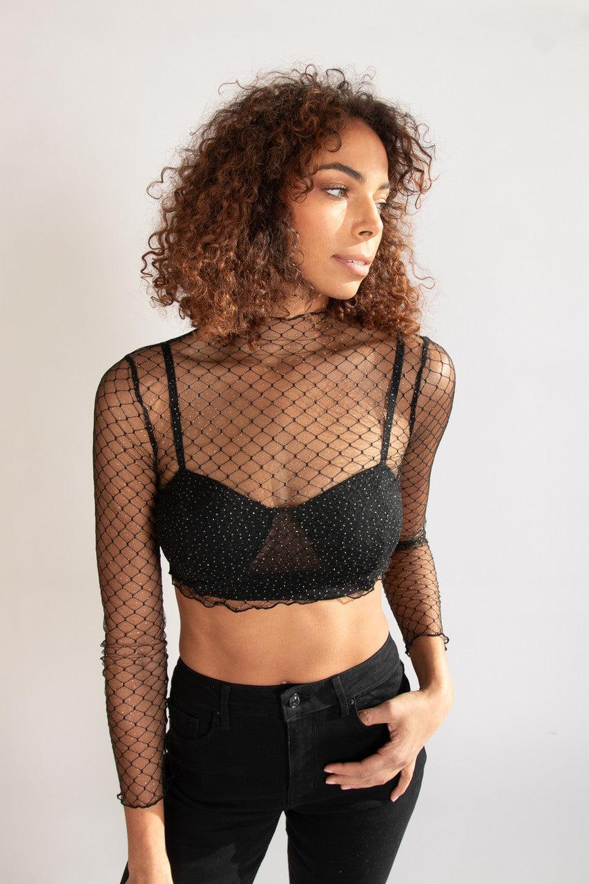 Gold Glitter Mesh Mock Neck Top Product Image