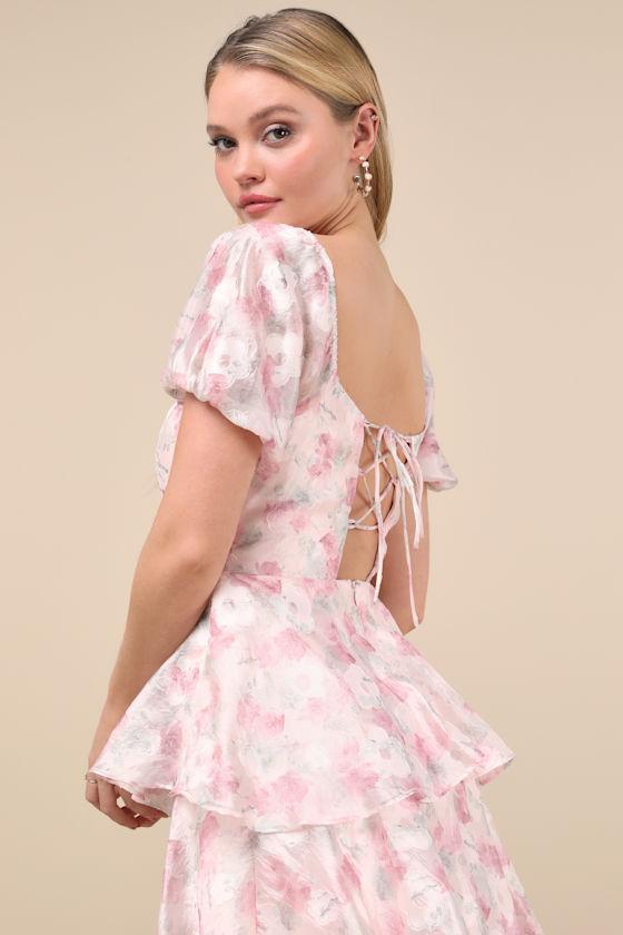 Serah Blush Floral Organza Tiered Midi Dress Product Image