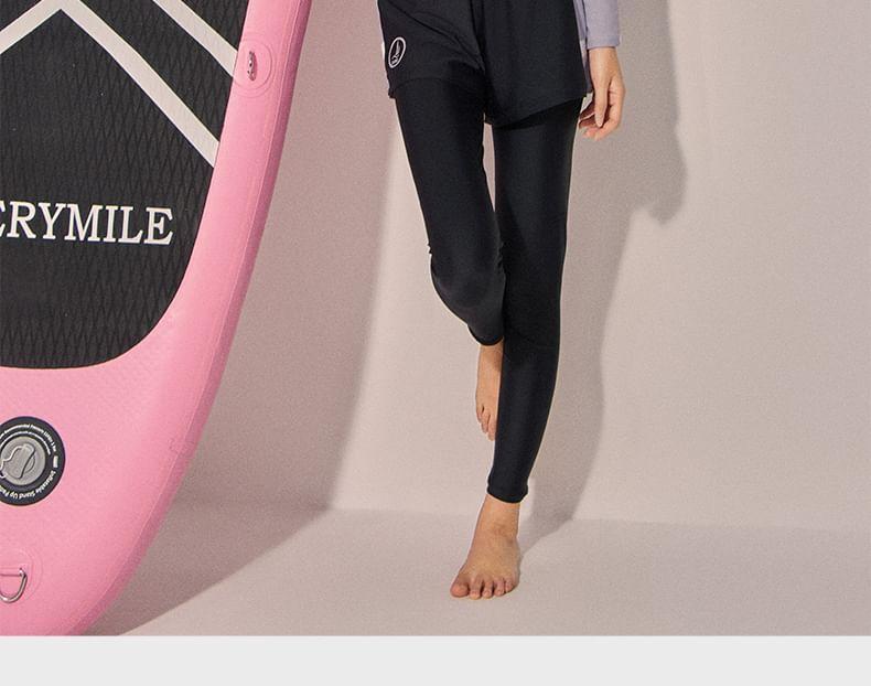 Set: Long-Sleeve Lettering Striped Rash Guard + Swim Shorts + Plain Swim Pants Product Image