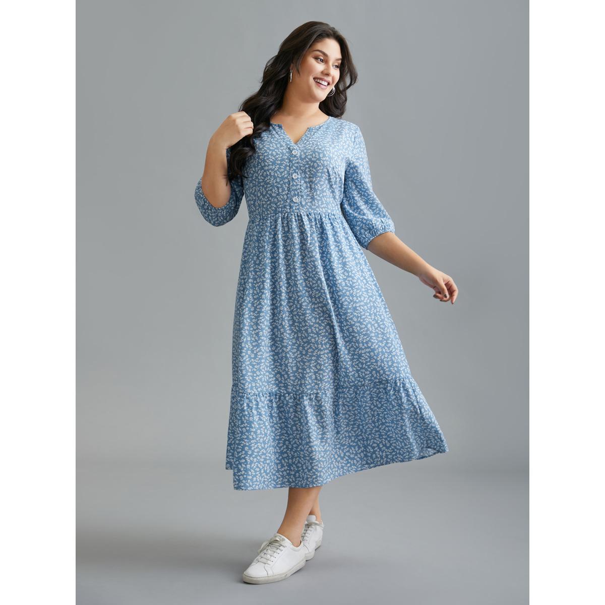 Plus Size Notched Ditsy Floral Button Midi Dress Mediumblue Women Casual Button Notched collar Elbow-length sleeve Curvy BloomChic 28/5X Product Image