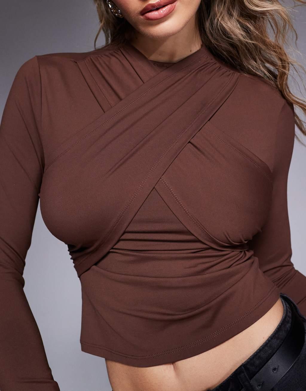 ASOS DESIGN draped high neck top in brown Product Image