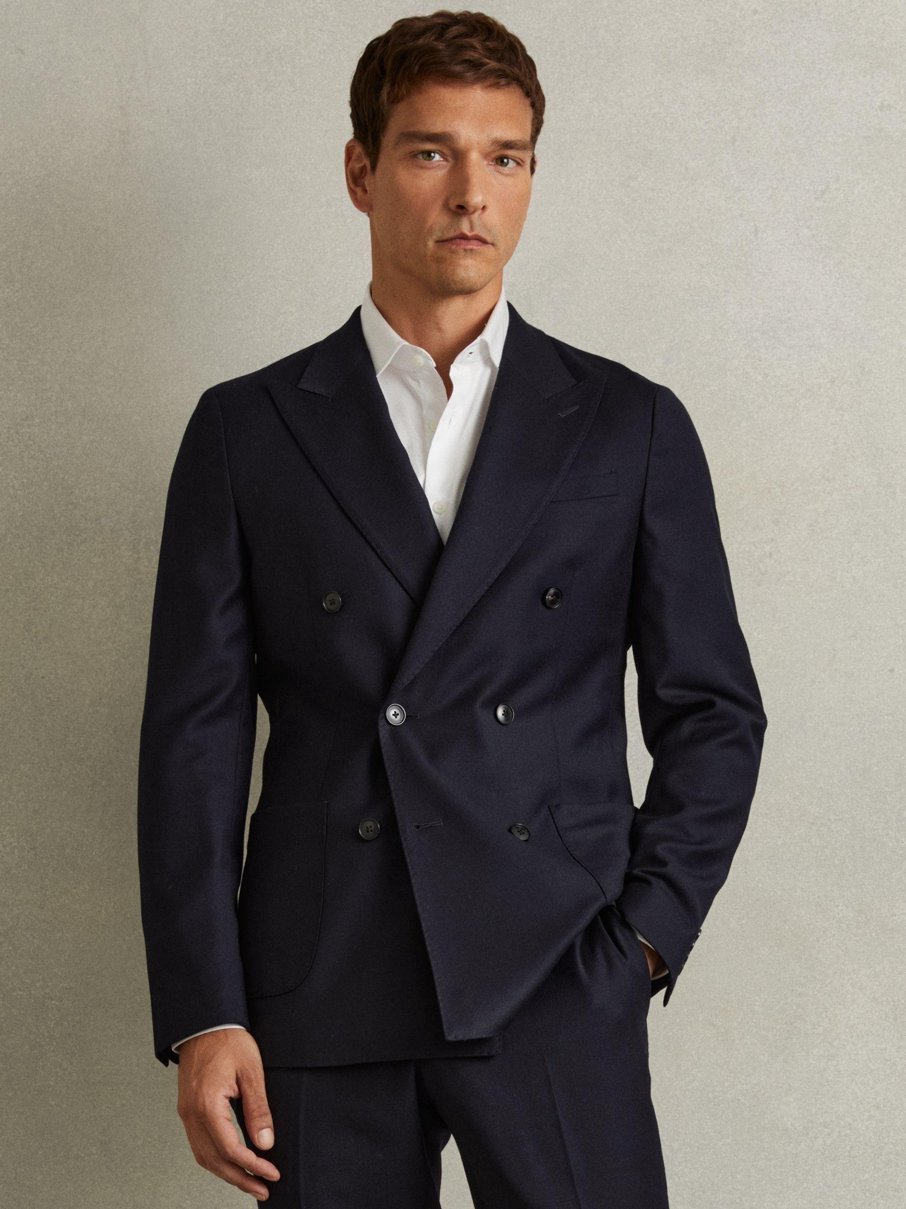Double Breasted Suit Jacket in Wool-Blend in Navy Product Image