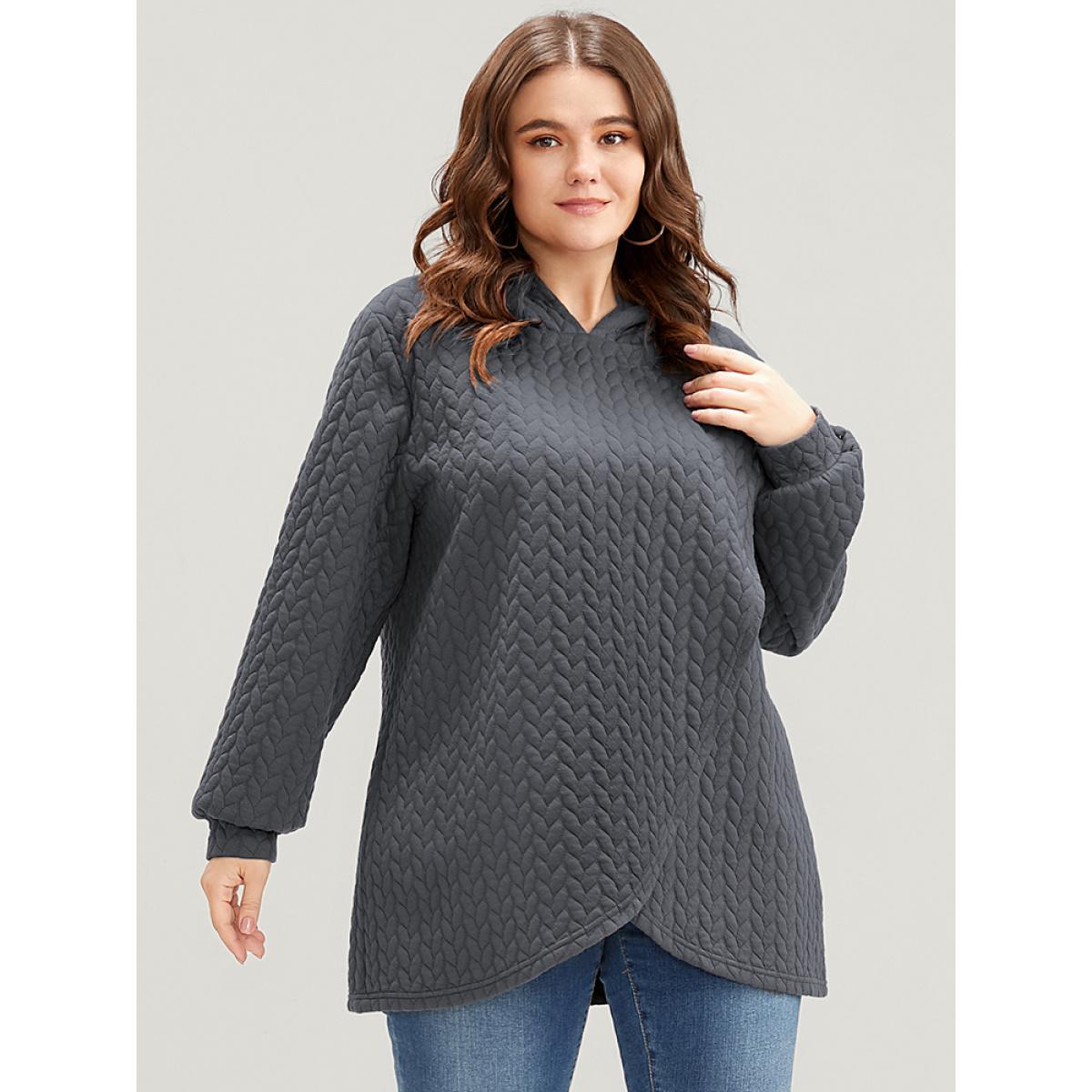 Plus Size Solid Asymmetrical Hem Cable Knit Hooded Sweatshirt Women DimGray Lounge Asymmetrical Hooded Everyday Sweatshirts BloomChic 28/5X Product Image