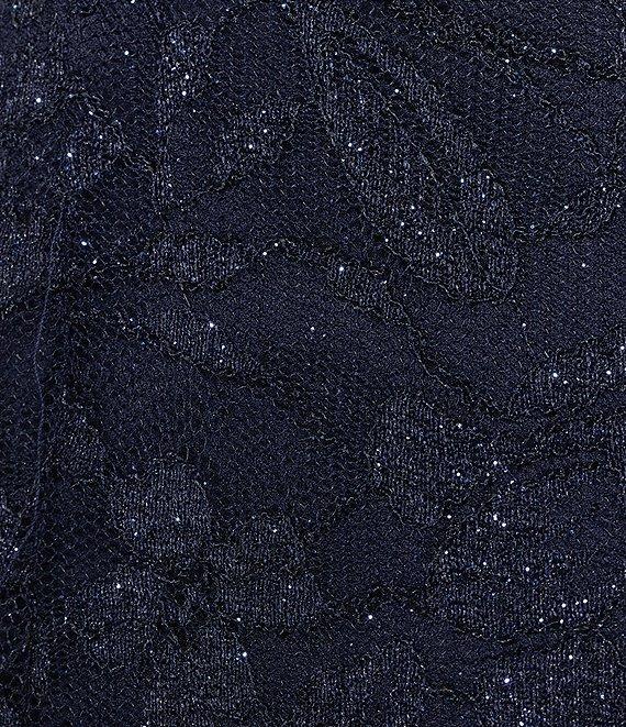 Honey and Rosie Glittered Stretch Lace Square Neck Criss Cross Mesh Insert Front Slit Dress Product Image