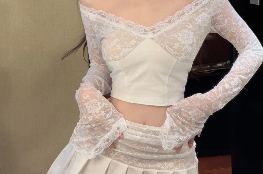 Set: Long-Sleeve Off Shoulder Lace Panel Crop Top + High Rise Plain Mini Pleated Skirt Product Image