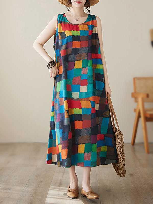 Loose Sleeveless Contrast Color Multi-Colored Plaid Round-Neck Midi Dresses Product Image