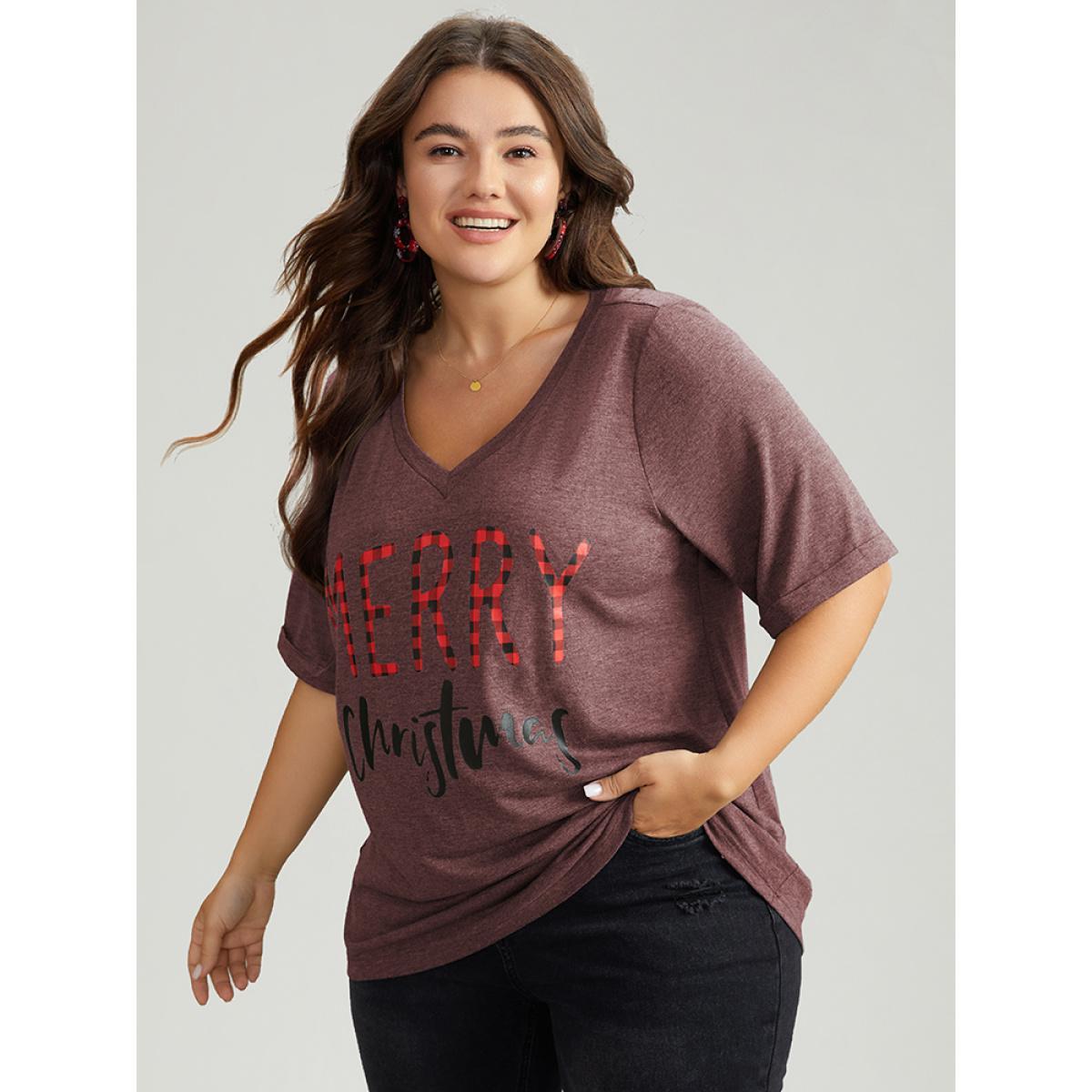 Plus Size Christmas Gingham Patchwork V Neck T-shirt Raspberry Women Leisure Printed Christmas Casual T-shirts BloomChic 30/6X Product Image