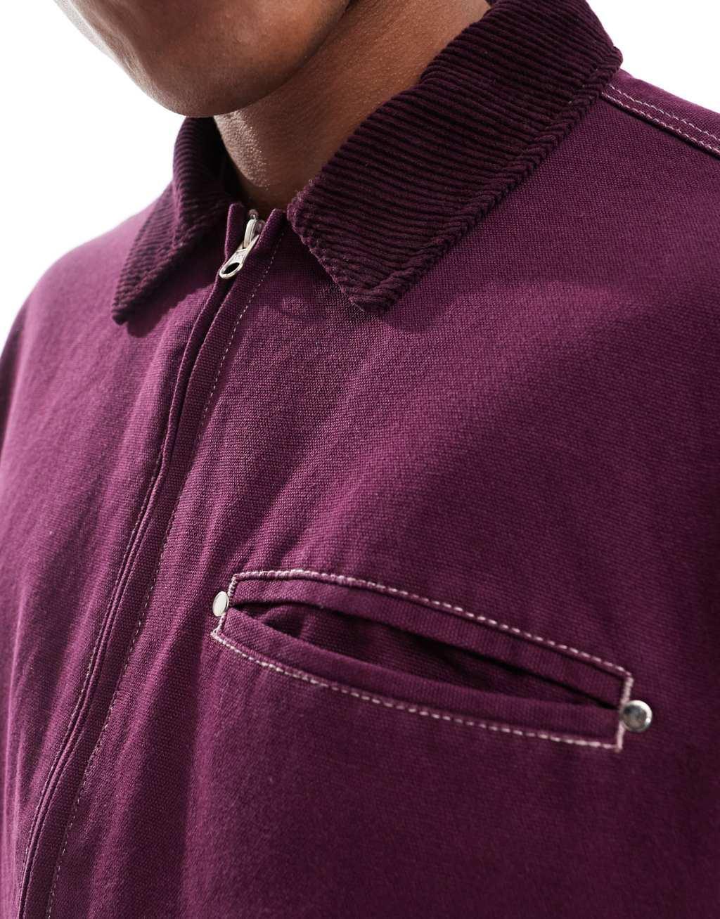 ASOS DESIGN boxy oversized cord collar harrington jacket with contrast stitch in burgundy Product Image