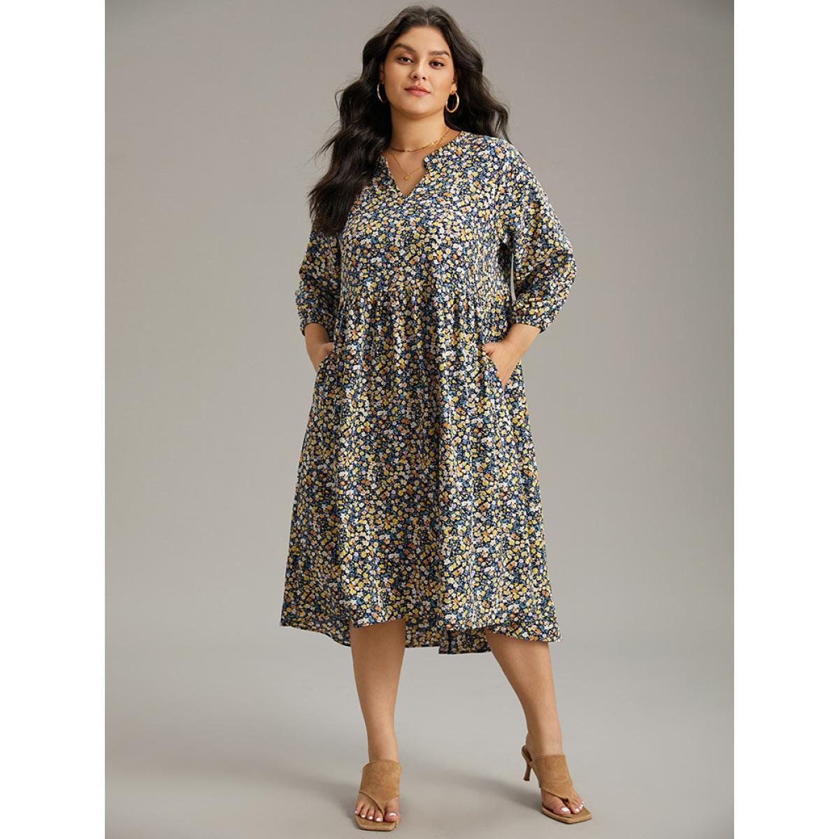 Plus Size Ditsy Floral Pocket Lantern Sleeve Ruffle Hem Dress Midnight Women Vacation Elastic cuffs Notched collar Elbow-length sleeve Curvy Midi Dress BloomChic 18-20/2X Product Image
